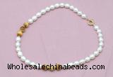 CFN319 9 - 10mm rice white freshwater pearl & golden tiger eye necklace wholesale