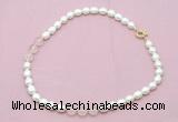 CFN322 9 - 10mm rice white freshwater pearl & rose quartz necklace wholesale