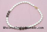 CFN323 9 - 10mm rice white freshwater pearl & smoky quartz necklace wholesale