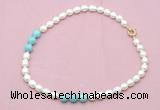 CFN326 9 - 10mm rice white freshwater pearl & blue howlite necklace wholesale