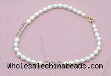 CFN331 9 - 10mm rice white freshwater pearl & white crystal necklace wholesale