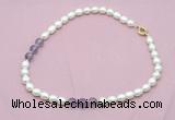 CFN332 9 - 10mm rice white freshwater pearl & amethyst necklace wholesale