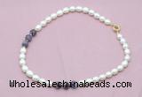 CFN333 9 - 10mm rice white freshwater pearl & dogtooth amethyst necklace wholesale