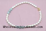 CFN335 9 - 10mm rice white freshwater pearl & aquamarine necklace wholesale