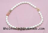 CFN337 9 - 10mm rice white freshwater pearl & rainbow moonstone necklace wholesale