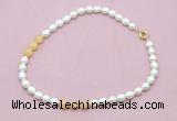 CFN342 9 - 10mm rice white freshwater pearl & honey jade necklace wholesale