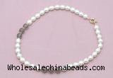 CFN343 9 - 10mm rice white freshwater pearl & grey agate necklace wholesale