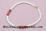 CFN344 9 - 10mm rice white freshwater pearl & red banded agate necklace wholesale