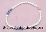 CFN350 9 - 10mm rice white freshwater pearl & blue spot stone necklace wholesale