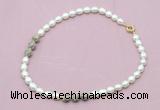 CFN352 9 - 10mm rice white freshwater pearl & feldspar necklace wholesale