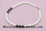 CFN354 9 - 10mm rice white freshwater pearl & brecciated jasper necklace wholesale