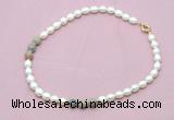 CFN357 9 - 10mm rice white freshwater pearl & serpentine jasper necklace wholesale