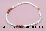 CFN361 9 - 10mm rice white freshwater pearl & red jasper necklace wholesale