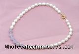 CFN401 9-10mm rice white freshwater pearl & lavender amethyst necklace