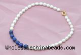 CFN403 9-10mm rice white freshwater pearl & lapis lazuli necklace