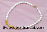 CFN405 9-10mm rice white freshwater pearl & yellow banded agate necklace