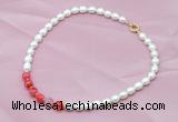 CFN406 9-10mm rice white freshwater pearl & red banded agate necklace