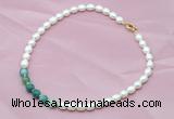 CFN407 9-10mm rice white freshwater pearl & green banded agate necklace