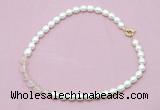 CFN414 9 - 10mm rice white freshwater pearl & rose quartz necklace