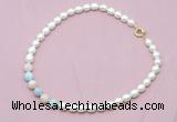 CFN415 9 - 10mm rice white freshwater pearl & morganite necklace