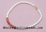 CFN424 9 - 10mm rice white freshwater pearl & fire agate necklace wholesale