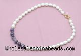 CFN433 9 - 10mm rice white freshwater pearl & dogtooth amethyst necklace