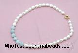 CFN435 9 - 10mm rice white freshwater pearl & aquamarine gemstone necklace