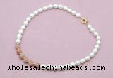 CFN436 9 - 10mm rice white freshwater pearl & moonstone gemstone necklace