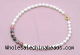 CFN445 9 - 10mm rice white freshwater pearl & rhodonite gemstone necklace