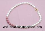 CFN453 9 - 10mm rice white freshwater pearl & pink wooden jasper necklace