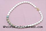 CFN457 9 - 10mm rice white freshwater pearl & serpentine jasper necklace