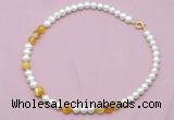 CFN522 9mm - 10mm potato white freshwater pearl & yellow banded agate necklace