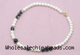 CFN525 9mm - 10mm potato white freshwater pearl & black banded agate necklace