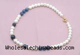 CFN551 9mm - 10mm potato white freshwater pearl & dumortierite necklace