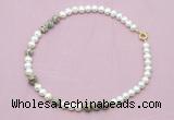 CFN552 9mm - 10mm potato white freshwater pearl & feldspar necklace