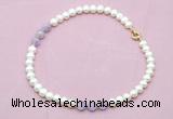 CFN702 9mm - 10mm potato white freshwater pearl & lavender amethyst necklace