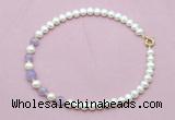 CFN705 9mm - 10mm potato white freshwater pearl & lavender amethyst necklace