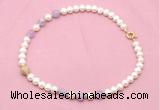 CFN709 9mm - 10mm potato white freshwater pearl & lavender amethyst necklace