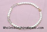 CFN710 9mm - 10mm potato white freshwater pearl & white crystal necklace