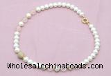 CFN711 9mm - 10mm potato white freshwater pearl & rose quartz necklace