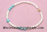 CFN725 9mm - 10mm potato white freshwater pearl & blue howlite necklace