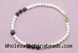 CFN748 9mm - 10mm potato white freshwater pearl & bronzite necklace