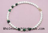 CFN768 9mm - 10mm potato white freshwater pearl & green tiger eye necklace