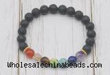 CGB6296 8mm black lava 7 chakra beaded mala stretchy bracelets