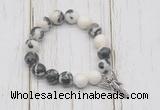 CGB6884 10mm, 12mm black & white jasper beaded bracelet with alloy pendant