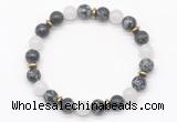 CGB8123 8mm snowflake obsidian, white jade & hematite power beads bracelet