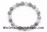 CGB8157 8mm grey picture jasper, matte rose quartz & hematite power beads bracelet