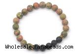 CGB8296 8mm matte unakite & black lava beaded mala stretchy bracelets