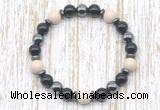 CGB8370 8mm white fossil jasper, black onyx & hematite energy bracelet