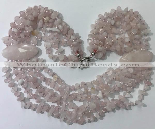 CGN755 20 inches stylish 6 rows rose quartz chips necklaces